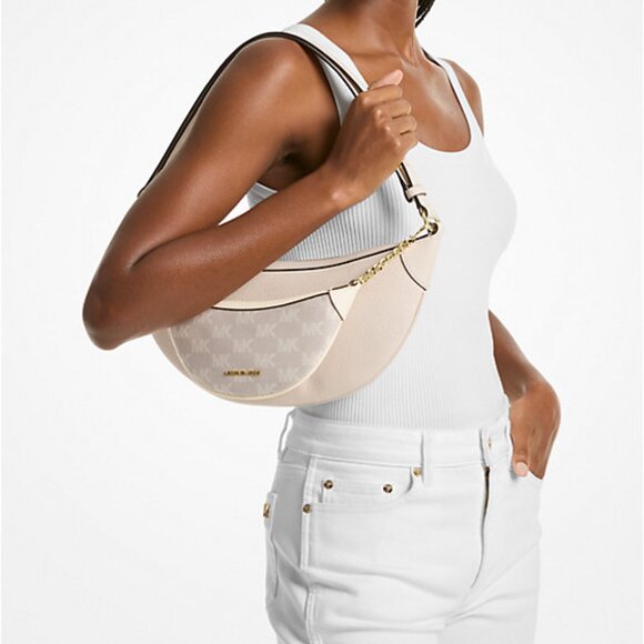 MICHAEL KORS Hollis 2-in-1 Pebbled Leather and Logo Jacquard Shoulder Bag NWT - Picture 3 of 8